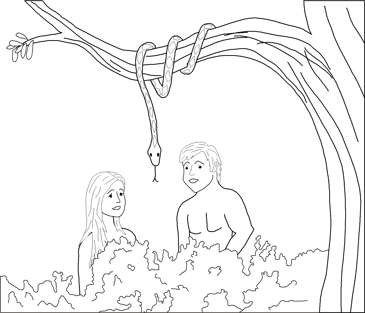 Adam and Eve and the snake coloring page