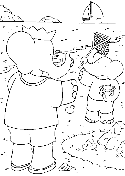 Babar on beach coloring page
