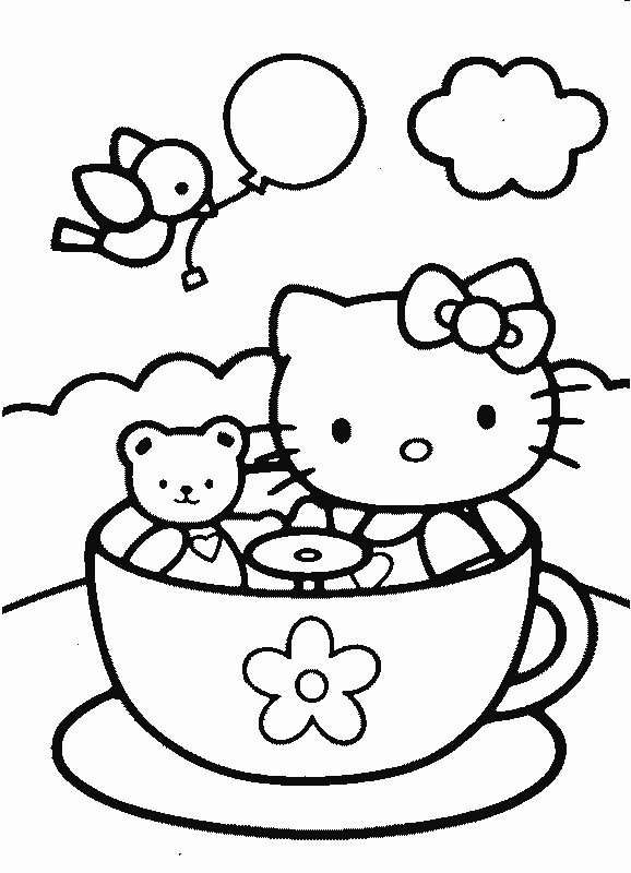 Hello Kitty and teddy bear in tea cup coloring page