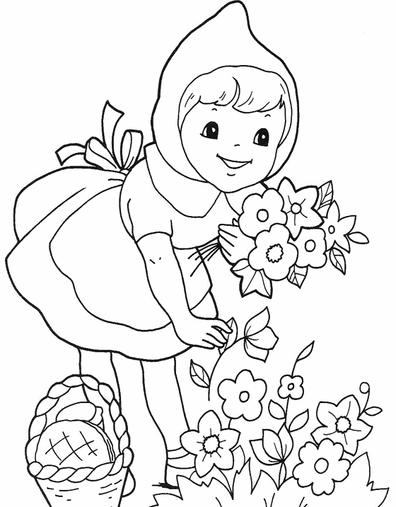 Little Red Riding Hood girl and flowers coloring page
