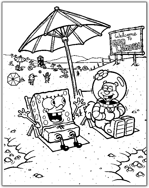 SpongeBob and Sandy on the beach coloring page