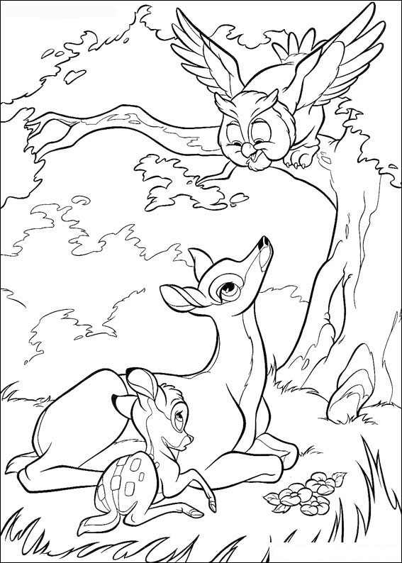 Bambi and mom and owl coloring page