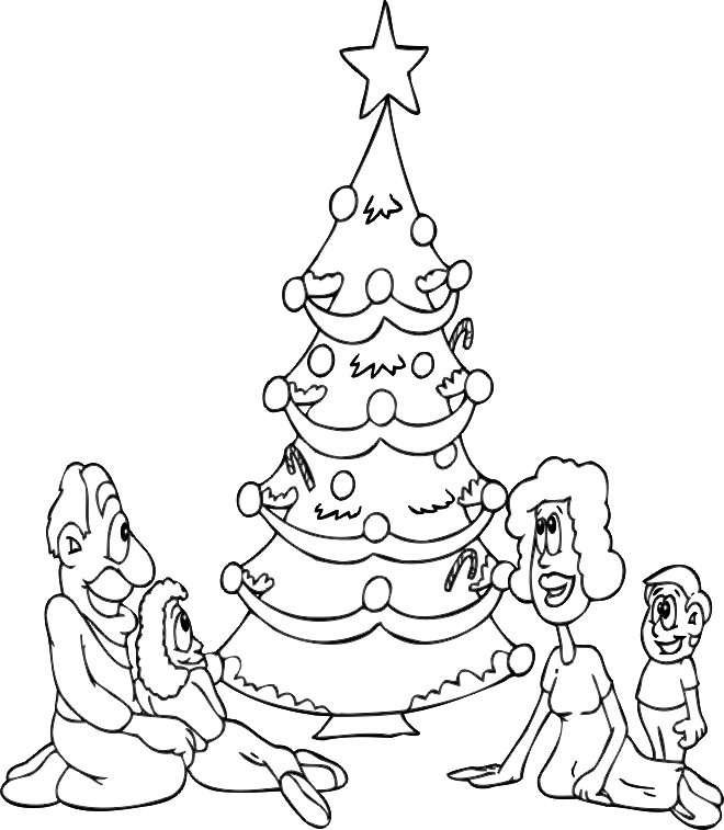 Christmas tree and the family coloring page