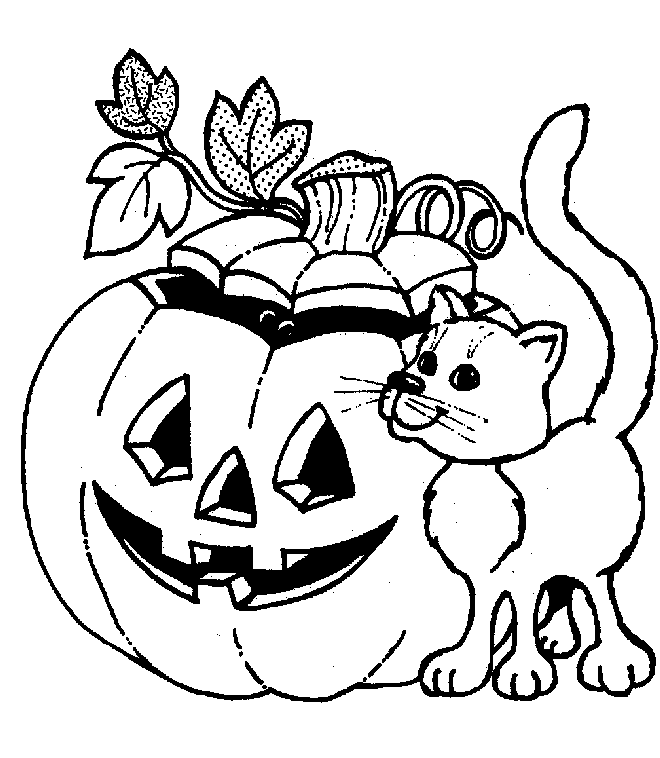 Halloween pumpkin and cat coloring page