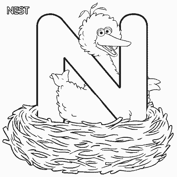 ABC letter N Nest Sesame Street Bigbird coloring page