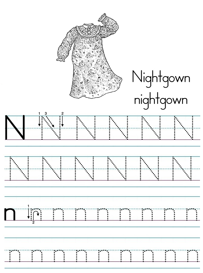 Alphabet ABC letter N Nightgown coloring page