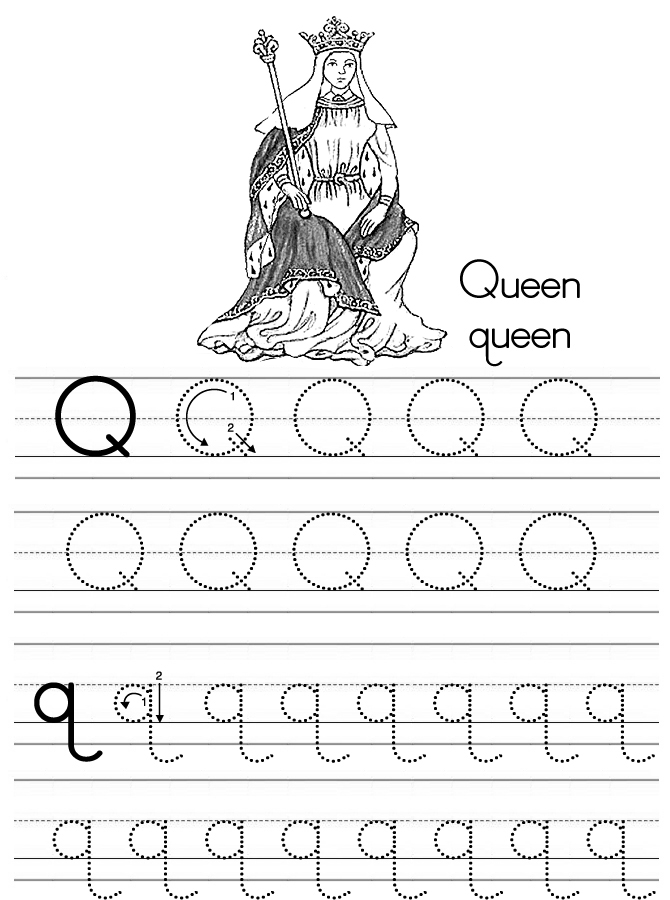 Alphabet ABC letter Q Queen coloring page