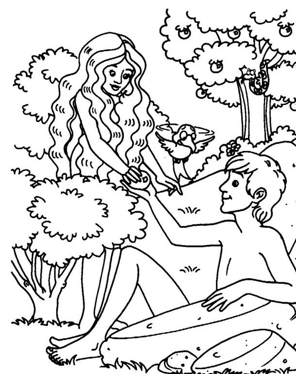 Adam and Eve under the apple coloring page