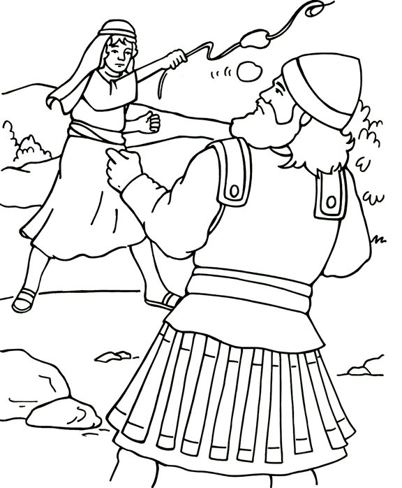 David and Goliath fighting coloring page