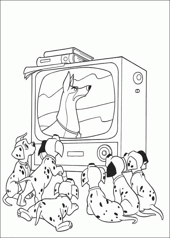 101 Dalmatians watching tv coloring page